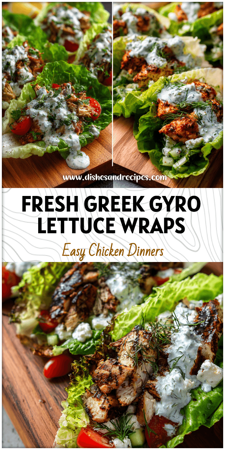 Fresh lettuce wraps filled with Greek Chicken Gyros, topped with creamy Greek Chicken Sauce and Mediterranean herbs.
